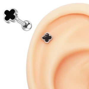 Piercing de Helix Trevo Minimalista Luxo Esmaltado Preto Aço Cirúrgico