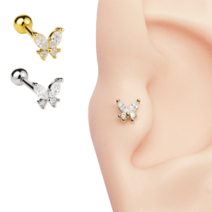 Piercing Helix Trágus Borboleta Delicada Cravejada Folheada