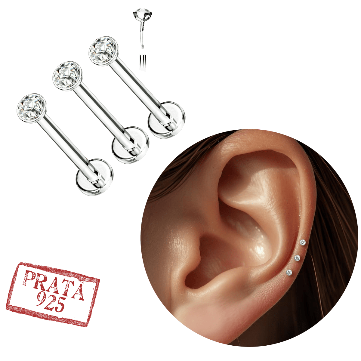 Trio piercing helix prata 925 com zircônia cristal
