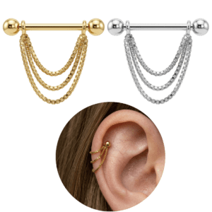 Piercing Corrente Tripla Veneziana Folheada Hélix Orelha Cartilagem